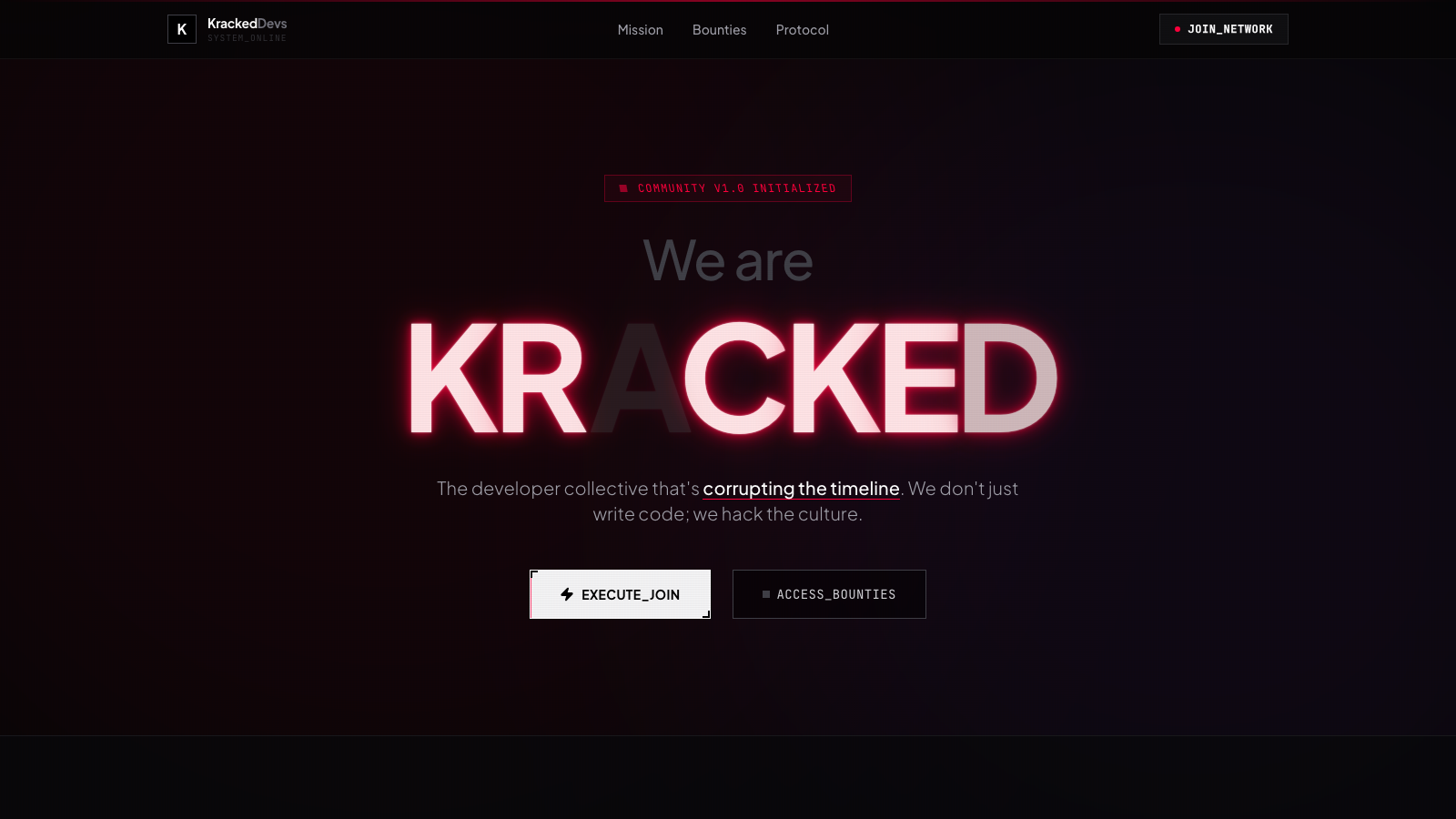 Kracked Devs landing page - cyberpunk hero with neon flicker effects